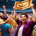 **A Lineage character triumphantly holding a rare item, surrounded by a cheering team, in a vibrant in-game environment.** (Focus: achievement, teamwork, visually rich)
