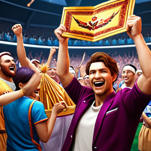 Home 11 **A Lineage character triumphantly holding a rare item, surrounded by a cheering team, in a vibrant in-game environment.** (Focus: achievement, teamwork, visually rich)