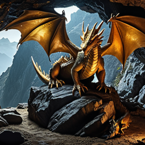 Home 6 **Dragon in Mountain Cave:** A majestic dragon perched inside a dark, mysterious mountain cave, surrounded by gold and treasure. Dramatic lighting.