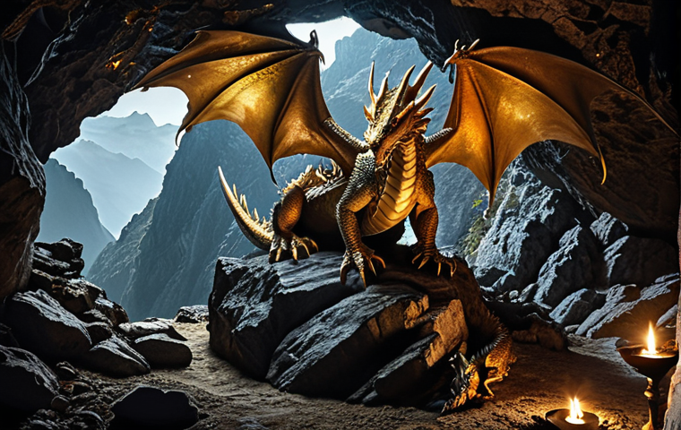 **Dragon in Mountain Cave:** A majestic dragon perched inside a dark, mysterious mountain cave, surrounded by gold and treasure. Dramatic lighting.