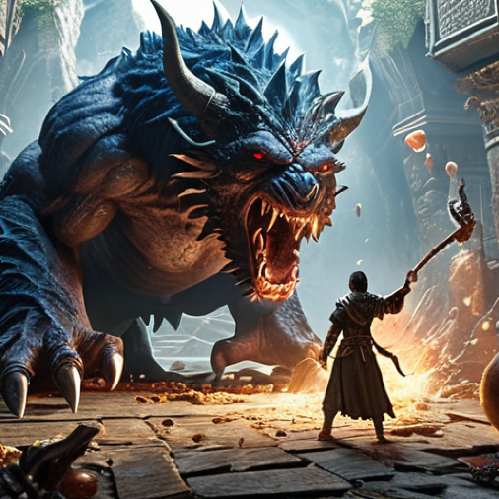 **A Lineage character powerfully defeating a monster in a visually rich, high-fantasy environment, surrounded by valuable item drops.**