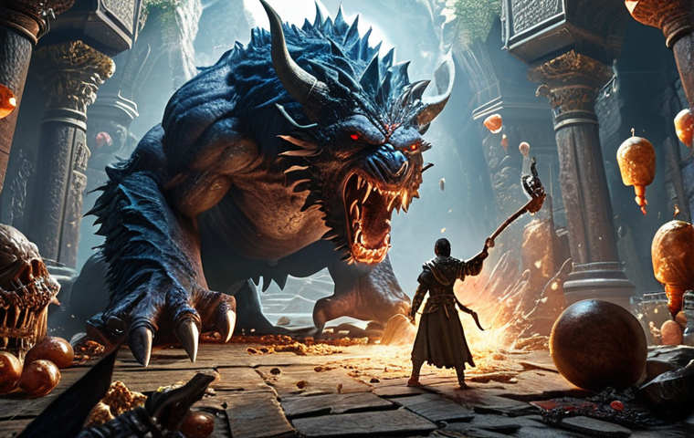 **A Lineage character powerfully defeating a monster in a visually rich, high-fantasy environment, surrounded by valuable item drops.**