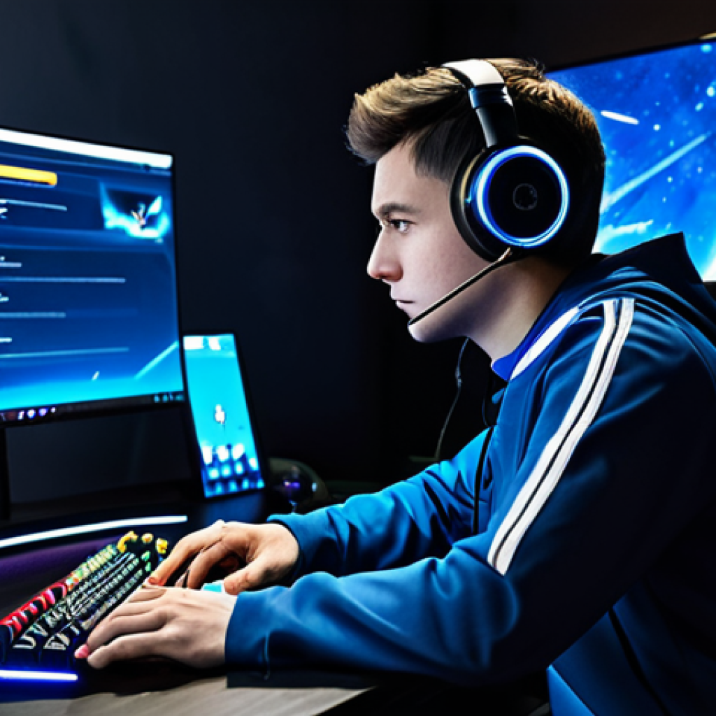 A focused professional gamer, either male or female, seated at a high-tech gaming desk, looking intently at a large monitor displaying an MMORPG honor rank achievement notification. The gamer is wearing a modest, modern gaming uniform with a headset. The background shows a sleek, organized gaming room with subtle digital glows. The scene is captured in a high-resolution, professional digital art style, with perfect anatomy, correct proportions, and a natural pose. Well-formed hands and proper finger count are visible. This image is fully clothed, appropriate attire, safe for work, and family-friendly.