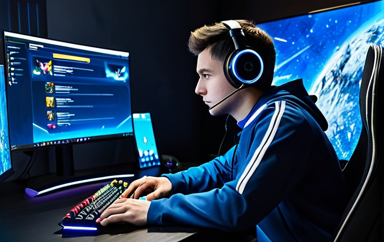 A focused professional gamer, either male or female, seated at a high-tech gaming desk, looking intently at a large monitor displaying an MMORPG honor rank achievement notification. The gamer is wearing a modest, modern gaming uniform with a headset. The background shows a sleek, organized gaming room with subtle digital glows. The scene is captured in a high-resolution, professional digital art style, with perfect anatomy, correct proportions, and a natural pose. Well-formed hands and proper finger count are visible. This image is fully clothed, appropriate attire, safe for work, and family-friendly.