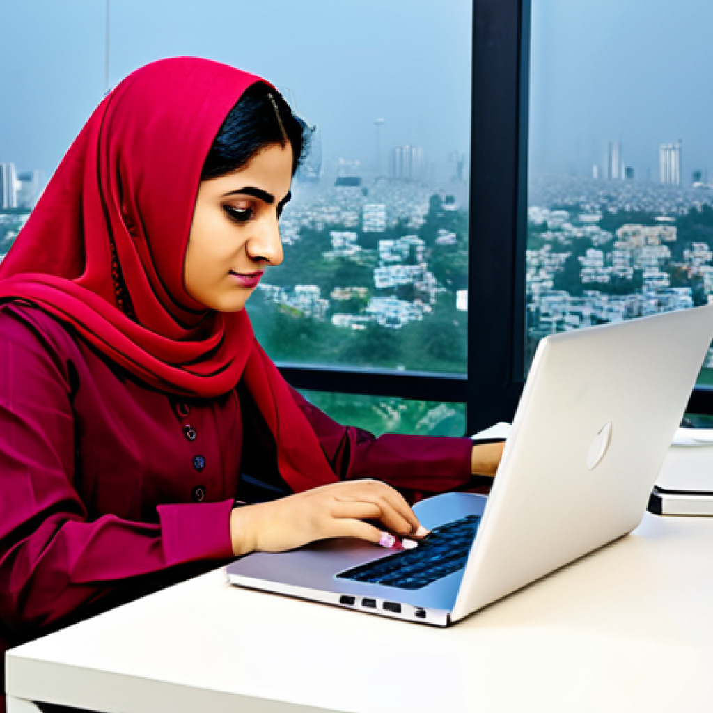 ** "A fully clothed Pakistani businesswoman in a modest shalwar kameez, working on a laptop in a modern Karachi office with safe for work and appropriate content. Background shows cityscape. Perfect anatomy, natural pose, professional portrait, family-friendly." **