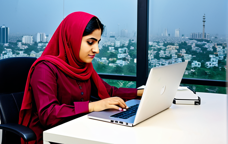 **
"A fully clothed Pakistani businesswoman in a modest shalwar kameez, working on a laptop in a modern Karachi office with safe for work and appropriate content. Background shows cityscape. Perfect anatomy, natural pose, professional portrait, family-friendly."
**