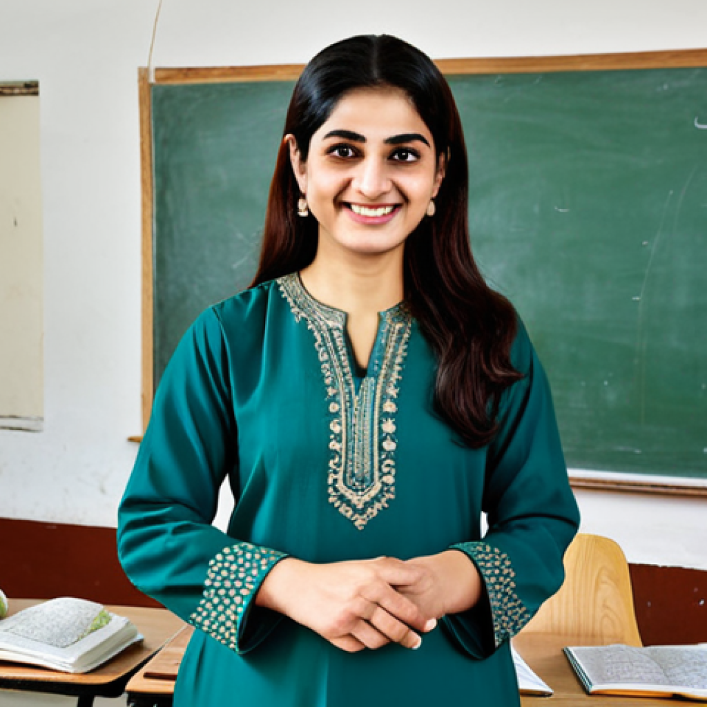 ** "A professional Urdu teacher, fully clothed in a modest shalwar kameez with intricate embroidery, standing in a bright and welcoming classroom filled with books and maps of Pakistan. The teacher is smiling warmly at the viewer. Safe for work, appropriate content, professional, perfect anatomy, correct proportions, natural pose, well-formed hands, proper finger count, natural body proportions, high quality, safe, family-friendly." **