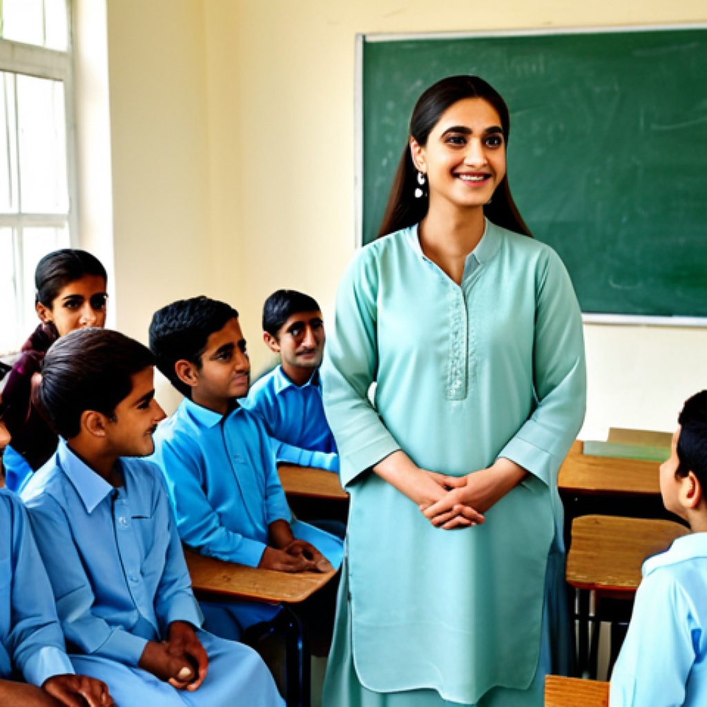 ** "A professional Urdu-speaking teacher in a modest shalwar kameez, standing in a bright and welcoming classroom filled with children, fully clothed, appropriate attire, safe for work, perfect anatomy, natural proportions, professional photography, high quality, family-friendly, learning environment." **