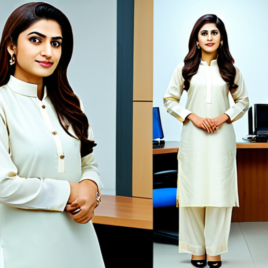 Successful Entrepreneur** "A confident businesswoman in a tailored shalwar kameez, standing in a modern office in Karachi, fully clothed, appropriate attire, safe for work, perfect anatomy, natural proportions, professional photography, high quality, family-friendly" **