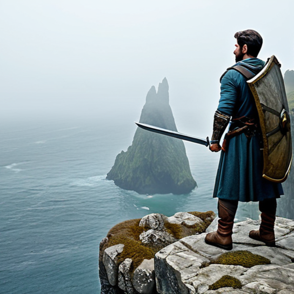 Forgotten Island**
A fully clothed, professional adventurer in modest attire stands atop a rocky cliff on the Forgotten Island, looking out over a misty landscape. The adventurer is equipped with a sword and shield. In the distance, ancient ruins can be seen. Perfect anatomy, correct proportions, well-formed hands, proper finger count, natural body proportions, professional, safe for work, appropriate content, family-friendly.
**