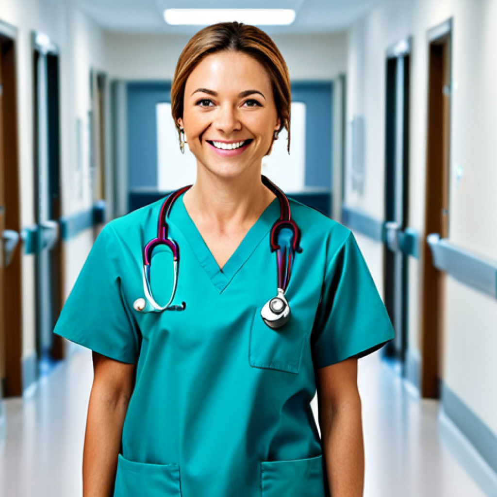 리니지 고급 기술 분석 - **
"A professional female doctor, fully clothed in scrubs, smiling gently in a modern hospital hall...