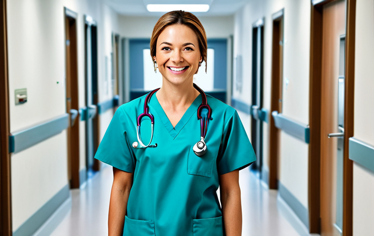 리니지 고급 기술 분석 - **
"A professional female doctor, fully clothed in scrubs, smiling gently in a modern hospital hall...