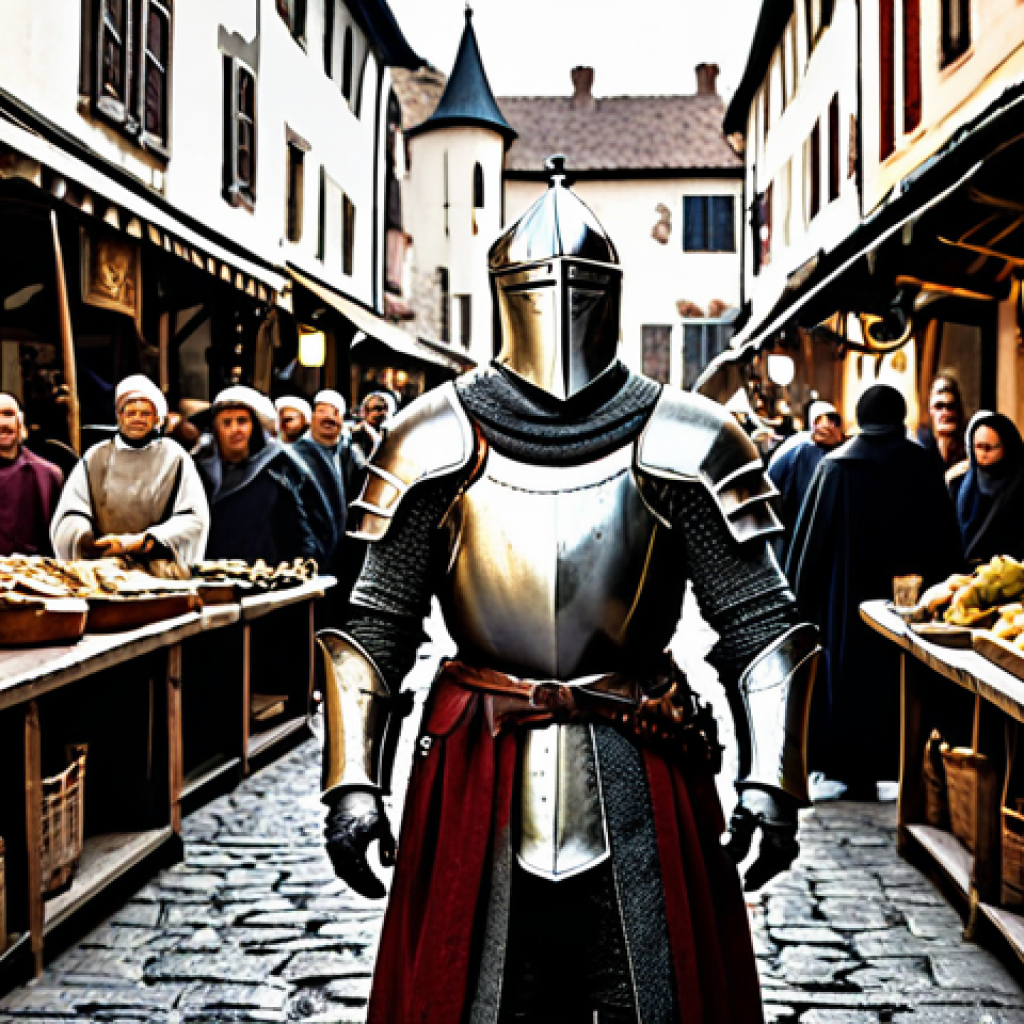 리니지 신규 플레이어 전략 - A knight in shining armour, standing valiantly in a medieval marketplace, surrounded by bustling mer...