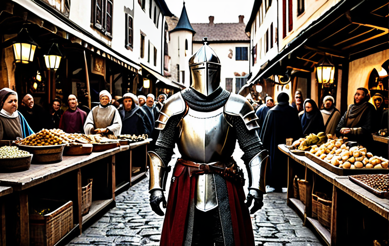 리니지 신규 플레이어 전략 - A knight in shining armour, standing valiantly in a medieval marketplace, surrounded by bustling mer...
