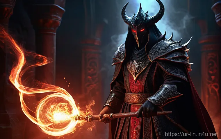 리니지 희귀 장비 설명 - **A Powerful Wizard with Demon's Staff:**
"A formidable male wizard, adorned in richly embroider...