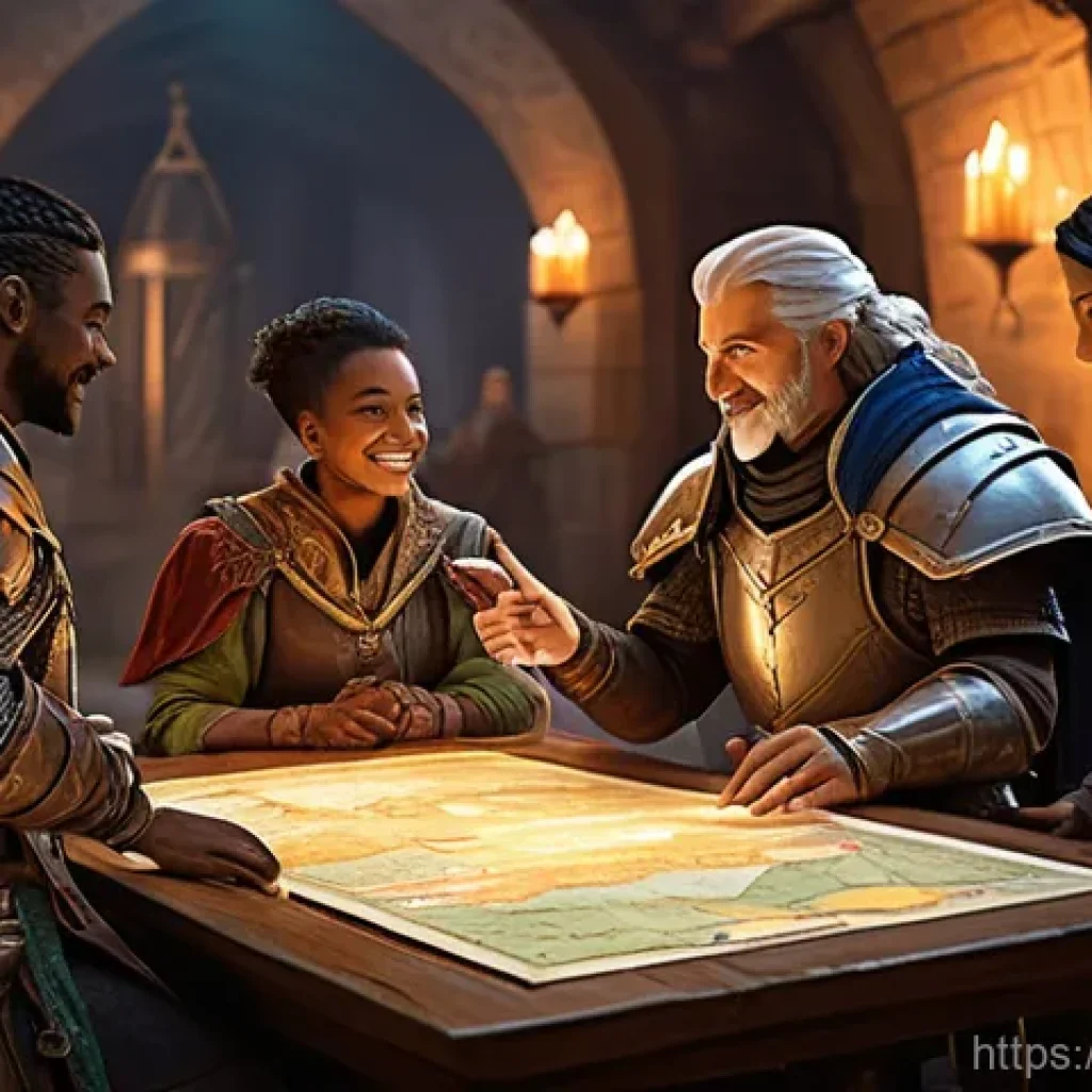 리니지 커뮤니티 게임 플레이 토론 - **Prompt: "A vibrant, inviting guild hall in a high-fantasy setting. In the foreground, an experienc...