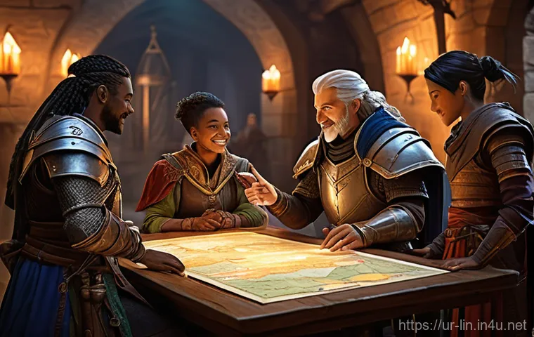 리니지 커뮤니티 게임 플레이 토론 - **Prompt: "A vibrant, inviting guild hall in a high-fantasy setting. In the foreground, an experienc...