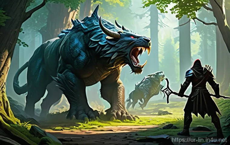 리니지 희귀 보스 공략법 - **Prompt:** A determined fantasy hero, fully clad in practical, rugged adventuring gear including st...