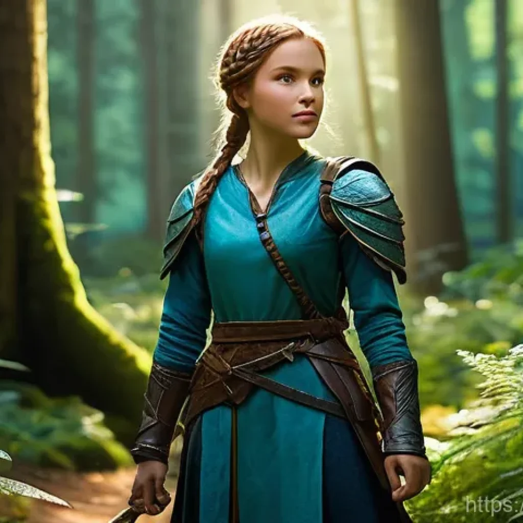 리니지 신규 플레이어 지원 정책 - **Prompt:** A young, determined female fantasy adventurer in a vibrant, enchanted forest. She wears ...