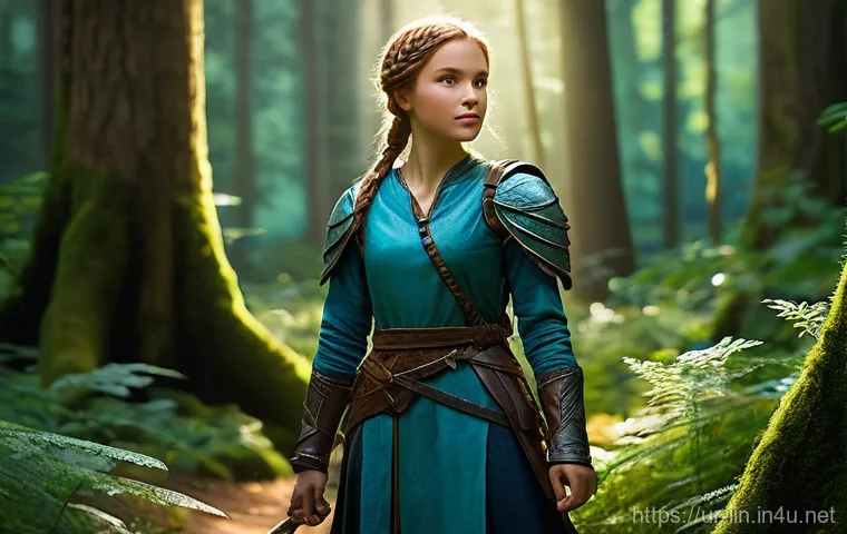 리니지 신규 플레이어 지원 정책 - **Prompt:** A young, determined female fantasy adventurer in a vibrant, enchanted forest. She wears ...