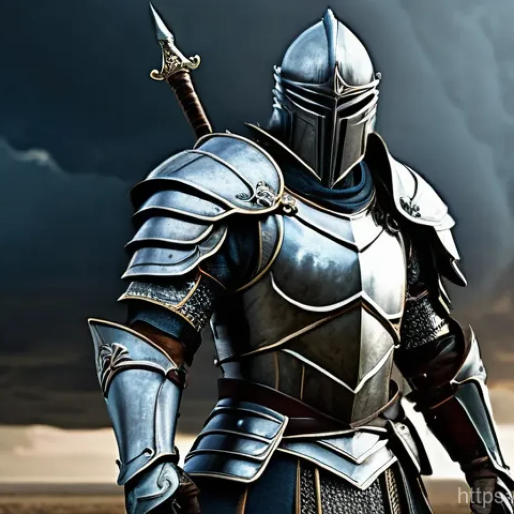 리니지 필수 아이템 목록 - "A powerful male warrior, mid-swing with a gleaming, ornate two-handed sword. He is clad in full, he...