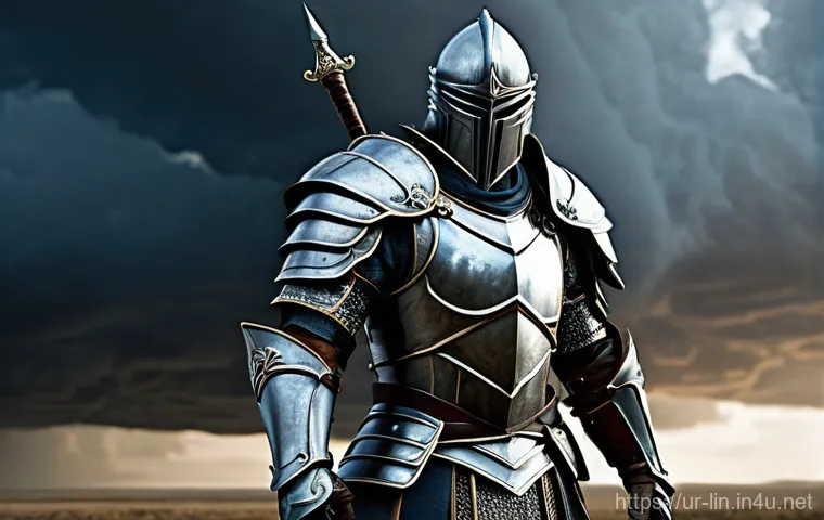 리니지 필수 아이템 목록 - "A powerful male warrior, mid-swing with a gleaming, ornate two-handed sword. He is clad in full, he...