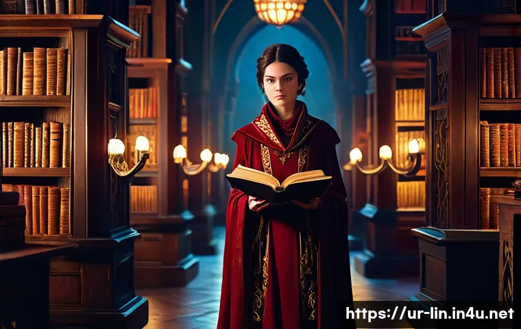 리니지 전설급 스킬북 설명 - **Prompt:** A powerful female mage, in her late twenties, stands dramatically within a dimly lit, an...