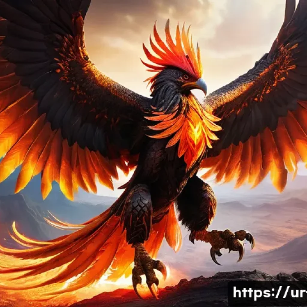 리니지 희귀 몬스터 분석 - A powerful and majestic Phoenix monster soaring mid-air over a fiery volcanic landscape, wings ablaz...