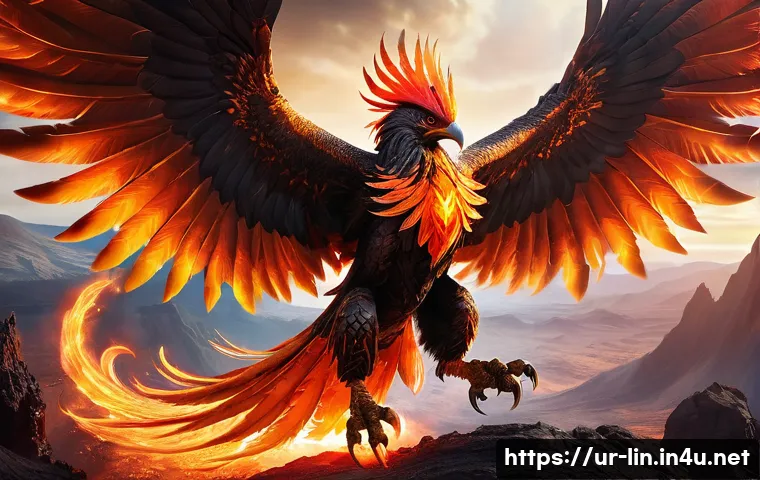 리니지 희귀 몬스터 분석 - A powerful and majestic Phoenix monster soaring mid-air over a fiery volcanic landscape, wings ablaz...