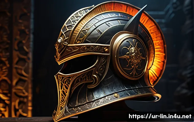 리니지 희귀템 거래소 공략 - A detailed digital fantasy scene showcasing a rare "Dragon Helmet" from Lineage, designed with intri...