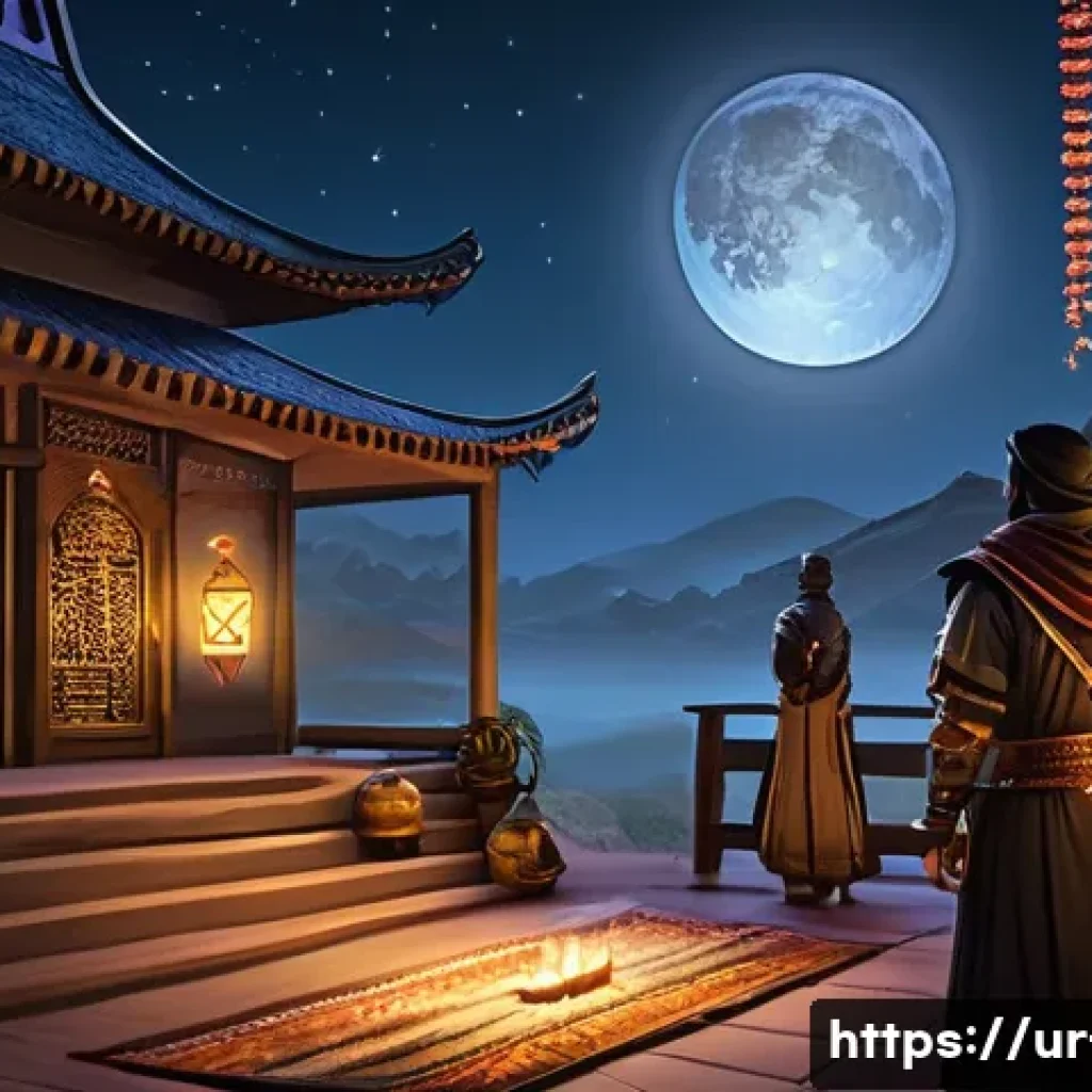 리니지 이벤트 보상 설명 - A vibrant and festive in-game scene inspired by Lineage events during Ramadan, featuring a diverse g...