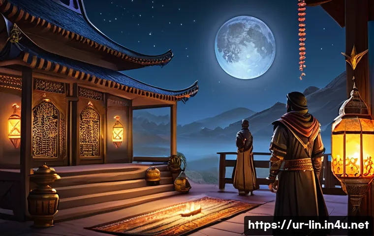 리니지 이벤트 보상 설명 - A vibrant and festive in-game scene inspired by Lineage events during Ramadan, featuring a diverse g...