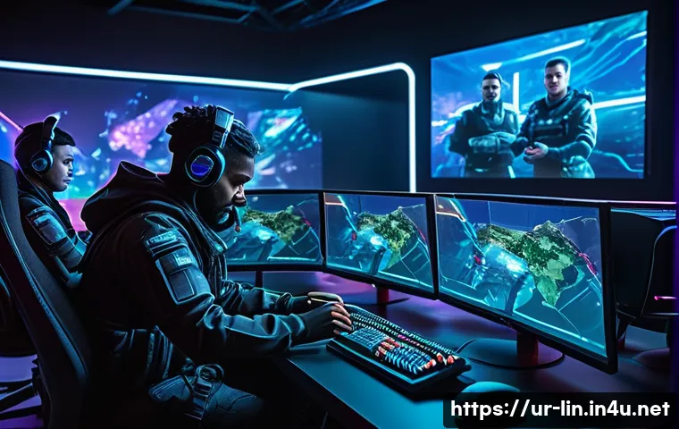 리니지 이벤트 대비법 - A dynamic, detailed digital art scene of a diverse gaming team strategizing in a modern esports aren...