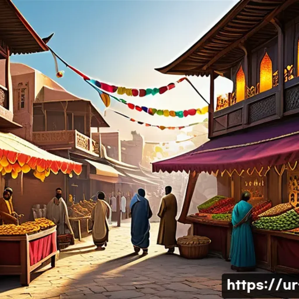 리니지 희귀템 가치 평가 - A detailed fantasy market scene set in an Urdu-speaking medieval town, bustling with diverse players...