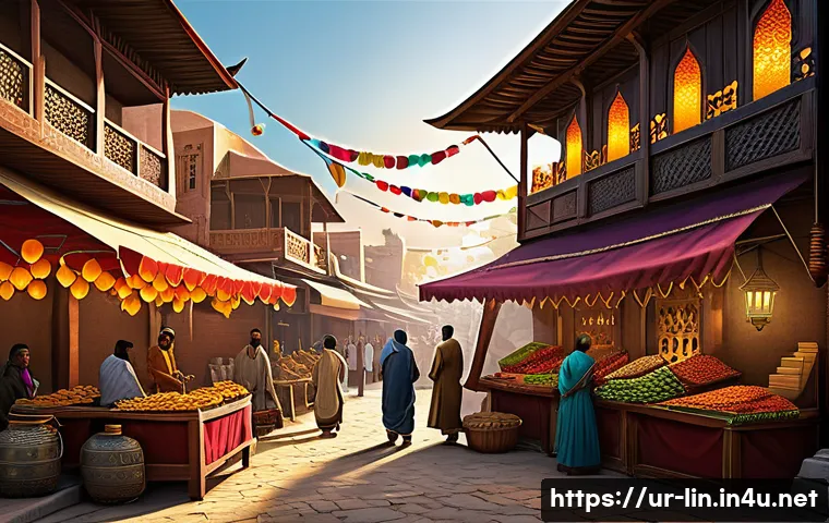 리니지 희귀템 가치 평가 - A detailed fantasy market scene set in an Urdu-speaking medieval town, bustling with diverse players...