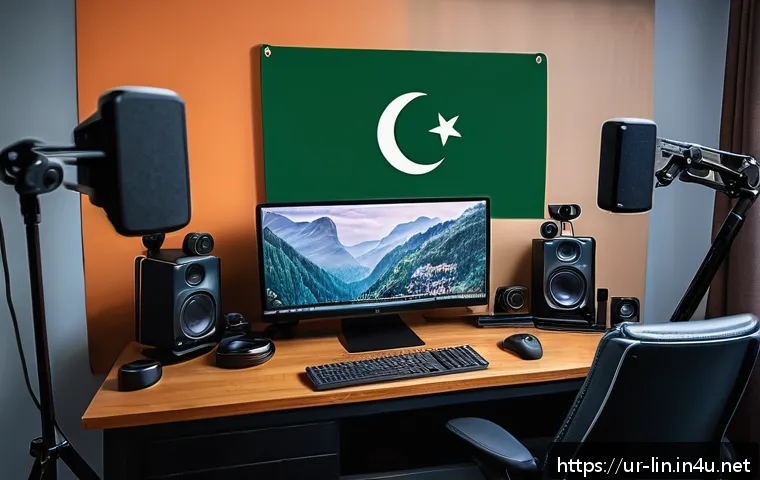 리니지 실시간 스트리밍 활용 - A modern live streaming setup in a cozy Pakistani home studio, featuring a sleek Logitech 1080p webc...