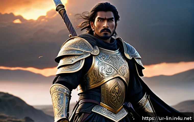 리니지 버프 아이템 추천 - A heroic warrior in ornate armor wielding a glowing sword, surrounded by magical scrolls labeled "Sc...