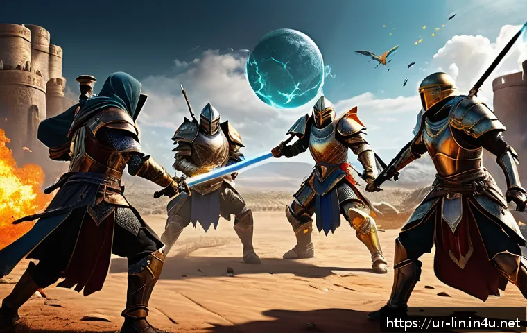 리니지 초보자 혈맹 추천 - A detailed digital illustration of a diverse, active PvP gaming blood group in an online fantasy env...