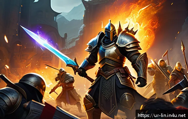 리니지 MMORPG 기본 전략 - A detailed digital painting of a skilled MMORPG character in mid-battle, wearing intricately designe...