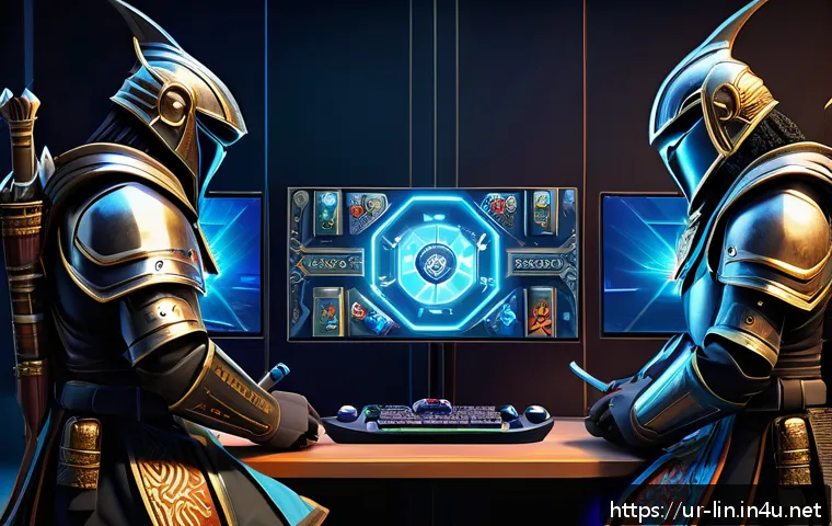 리니지 부캐 육성 방법 - A detailed digital illustration of a strategic gaming setup featuring multiple Lineage game accounts...
