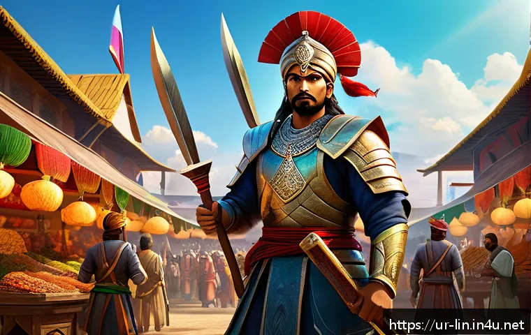 리니지 강화 스크롤 확률 계산 - A detailed fantasy game scene showing a skilled warrior character in traditional South Asian attire,...