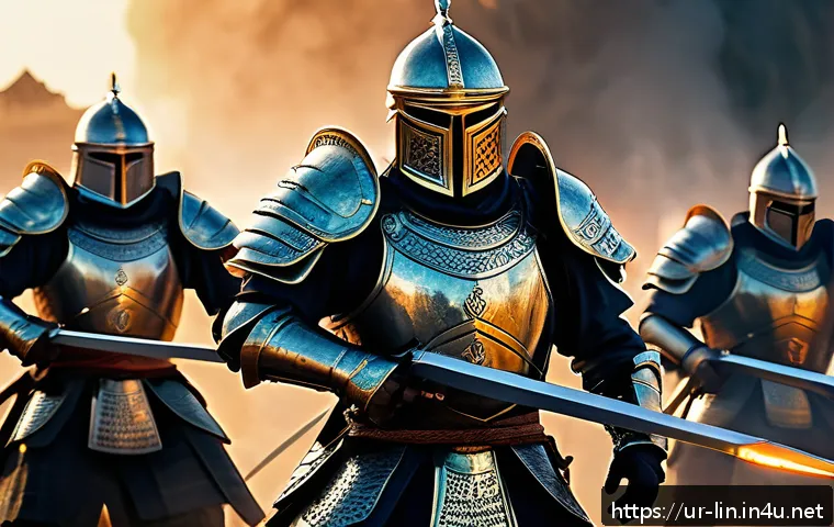 리니지 신규 콘텐츠 설명 - A dynamic fantasy battlefield scene featuring a diverse group of armored warriors employing advanced...