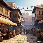 Home 22 리니지 희귀템 수집법 - A detailed fantasy game marketplace scene set in a bustling medieval bazaar inspired by South Asian ...