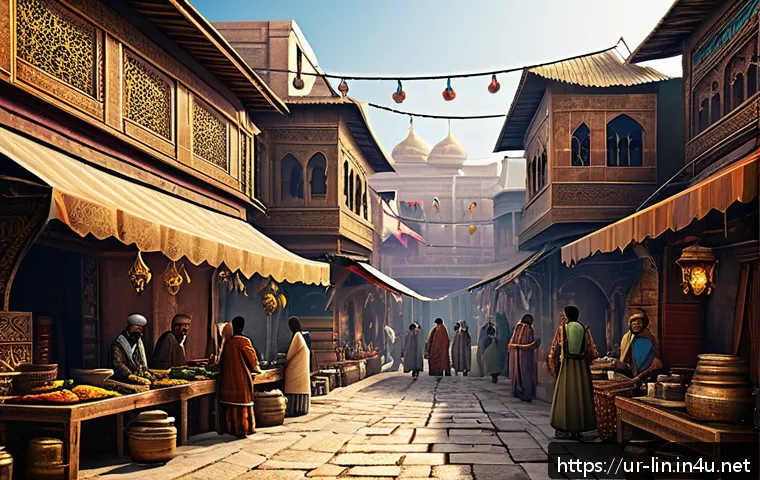 리니지 희귀템 수집법 - A detailed fantasy game marketplace scene set in a bustling medieval bazaar inspired by South Asian ...