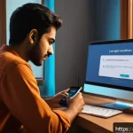 Home 21 리니지 접속 오류 해결법 - A detailed digital illustration of a young South Asian man sitting at a desk in a cozy home office, ...