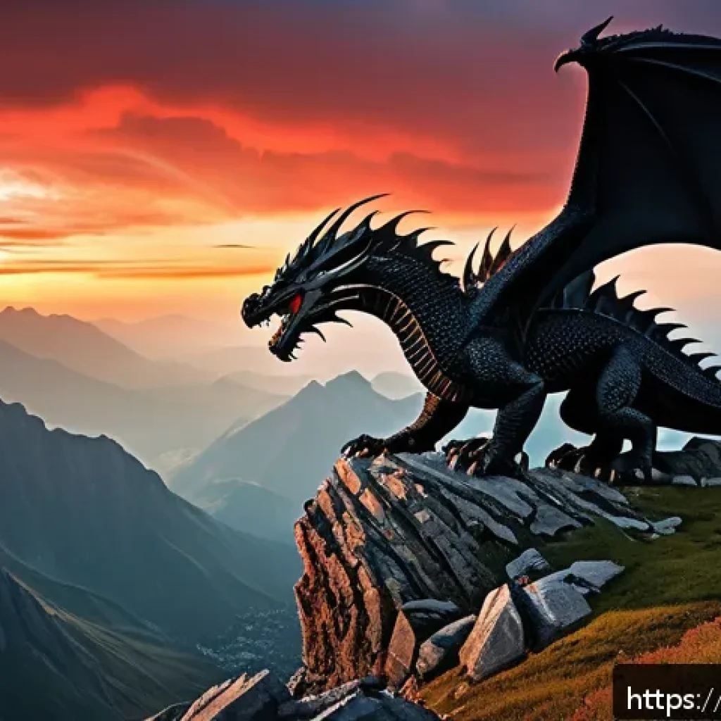리니지 희귀 몬스터 지도 - A majestic Black Dragon perched atop a rugged mountain peak under a dramatic sunset sky, its scales ...