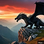 Home 20 리니지 희귀 몬스터 지도 - A majestic Black Dragon perched atop a rugged mountain peak under a dramatic sunset sky, its scales ...