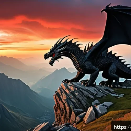 Home 32 리니지 희귀 몬스터 지도 - A majestic Black Dragon perched atop a rugged mountain peak under a dramatic sunset sky, its scales ...