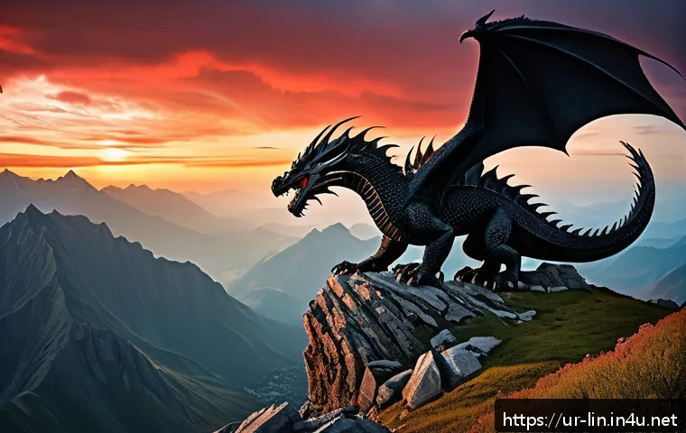 리니지 희귀 몬스터 지도 - A majestic Black Dragon perched atop a rugged mountain peak under a dramatic sunset sky, its scales ...