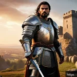 Home 19 리니지 MMORPG 역사 - A detailed fantasy warrior character from Lineage, clad in intricately designed heavy armor with orn...
